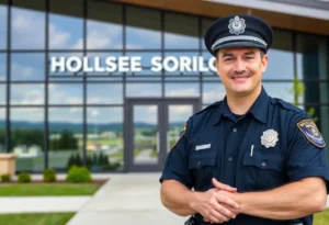 Huntersville Police officer in front of the police station
