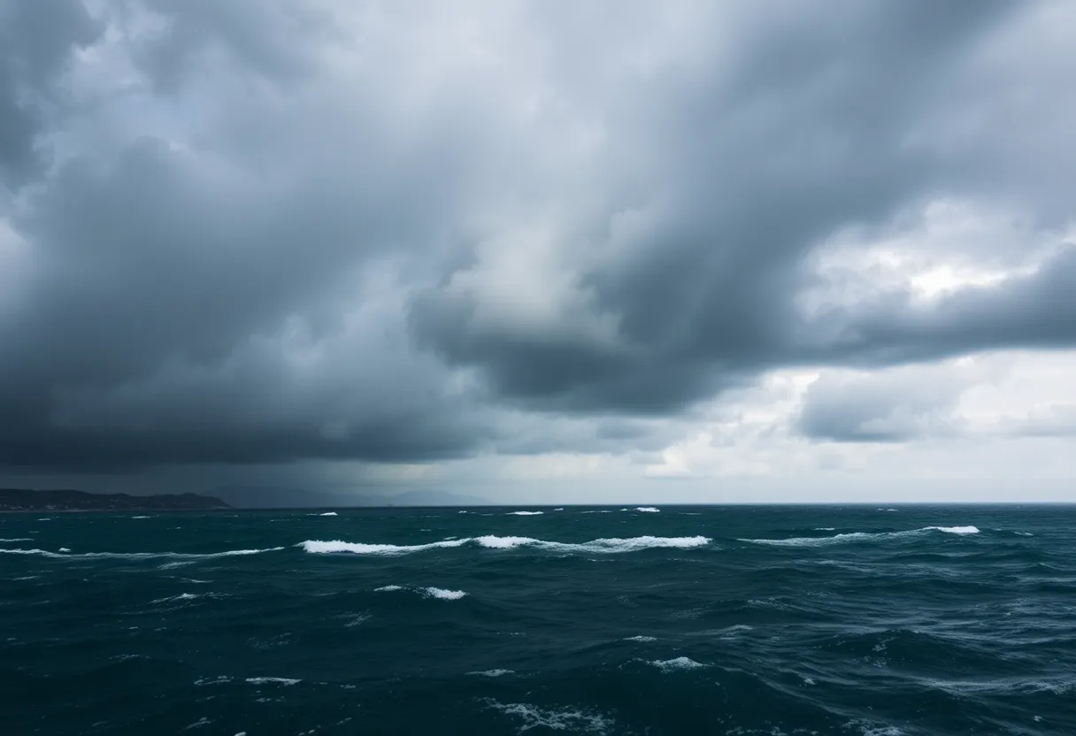 A hurricane developing over the ocean with dark clouds and waves
