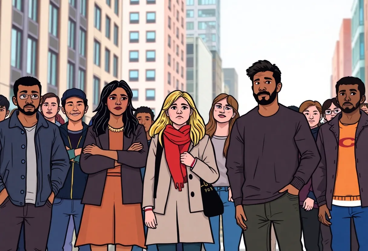 A diverse group of concerned individuals in an urban setting reflecting on ICE arrests