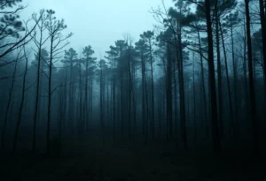 Wooded area in Gaffney, South Carolina, representing the investigation of a murder case.