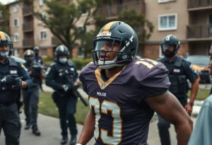 Scene depicting the arrest of a football player at an apartment complex