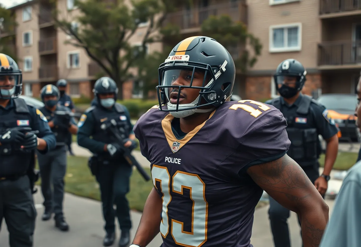 Scene depicting the arrest of a football player at an apartment complex