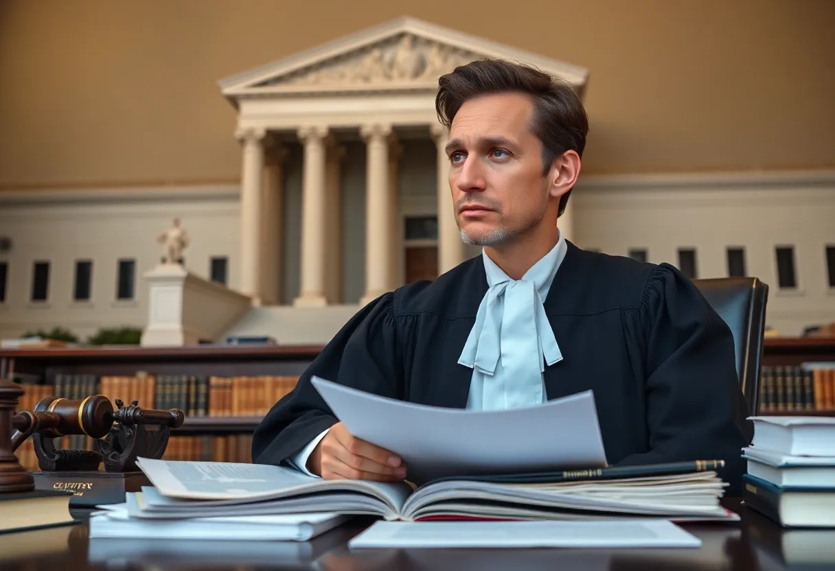 Justice reflecting on legal matters with law books