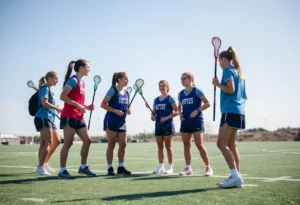 Female lacrosse players practicing under the guidance of a coach