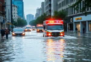 Flooded city street in Lancaster City with emergency vehicles