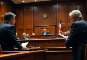 Courtroom scene in Lancaster County with a judge and lawyers