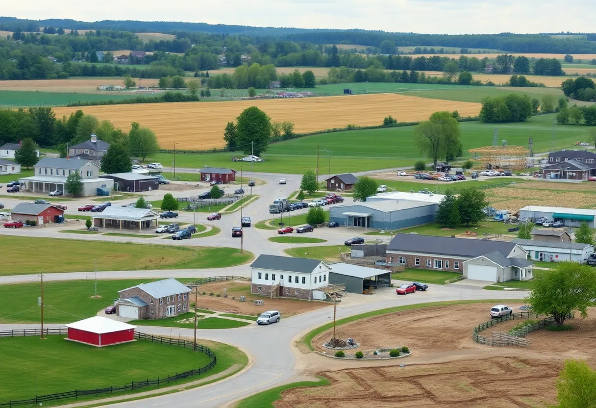 A panoramic view of Lancaster County highlighting farms and construction work.