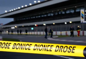 Police tape at Lancaster Motor Speedway after a shooting incident