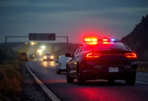 Scene of law enforcement responding to a vehicle crash during a manhunt