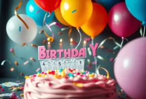Birthday celebration with lottery scratch-off tickets and decorations