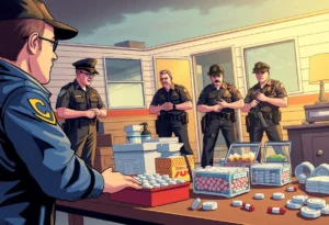 Law enforcement officers with seized drugs and equipment