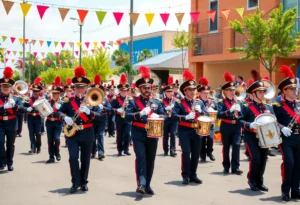 Marching band performing in a colorful outdoor setting