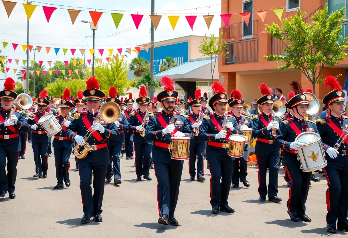 Marching band performing in a colorful outdoor setting