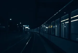 An illustration depicting mental health challenges at a light rail station.