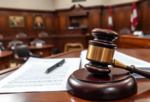 Courtroom scene depicting legal documents and a judge's gavel.