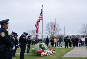 Community memorial for fallen police officers with flags at half-staff.