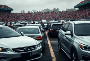Parking lot during a football game with cars parked
