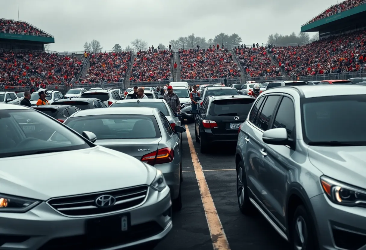 Parking lot during a football game with cars parked