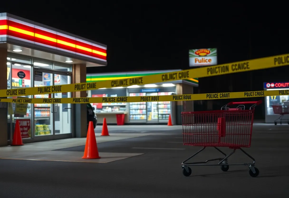 Police investigation scene at Parkway Convenience Store with red collapsible cart