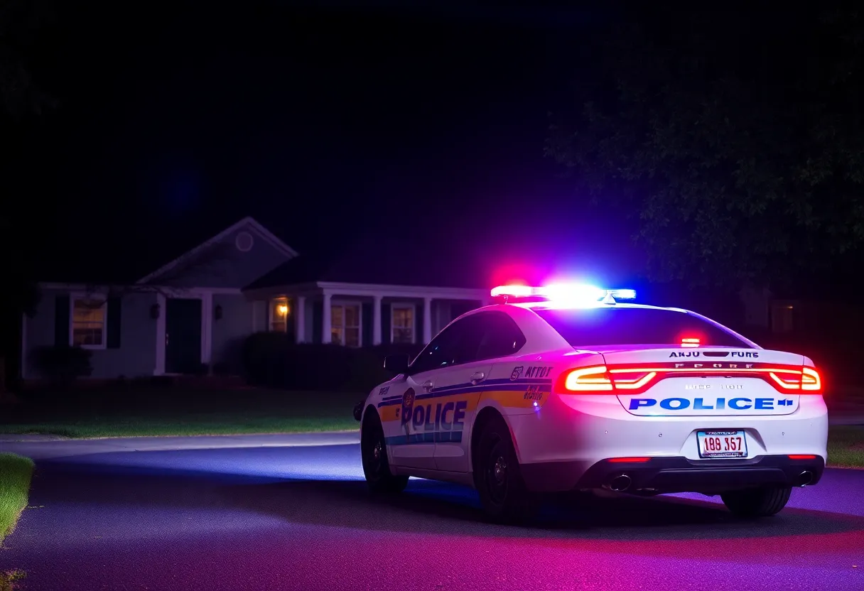 Police car with flashing lights in a suburban neighborhood