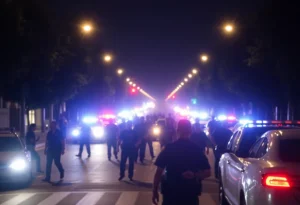 Police lights flashing at a night scene in Charlotte
