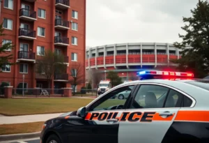 Police car outside Dunbar Place Apartments with football stadium in view.