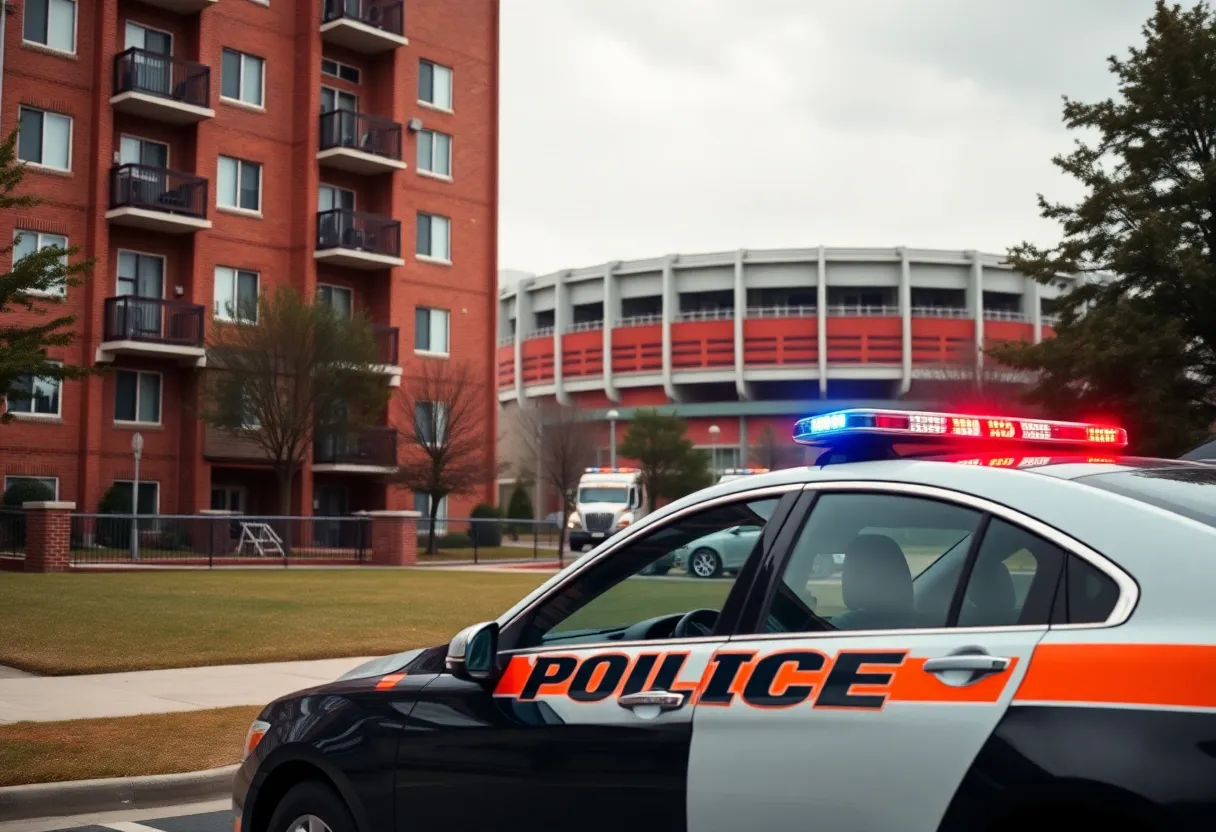 Police car outside Dunbar Place Apartments with football stadium in view.