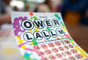 A vibrant Powerball lottery ticket surrounded by symbols of luck