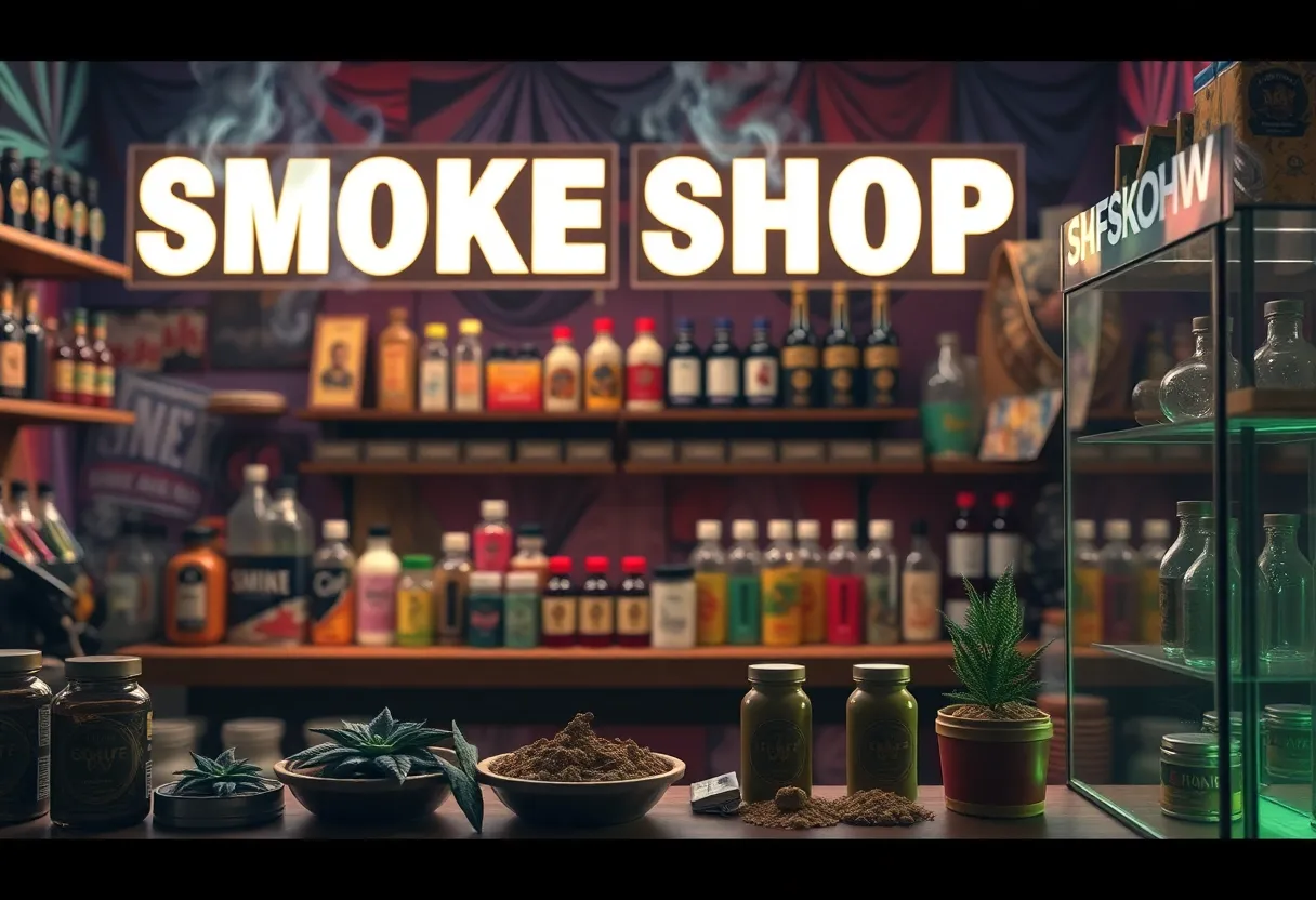 Conceptual image representing regulation of psychedelic products in a smoke shop.