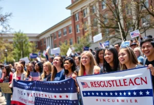 A diverse group of young Republicans promoting conservative values at a campus event.