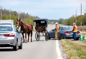 Emergency responders at the scene of a traffic collision between a horse-drawn buggy and a sedan.
