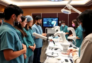 Students learning about surgical robotic systems at Robotic Symposium