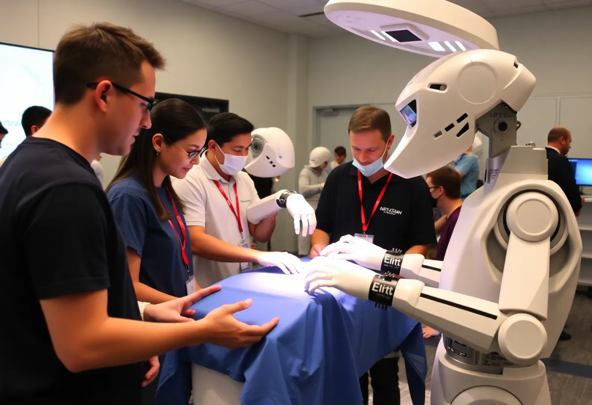 Students at the Robotic Symposium using surgical robotic systems