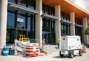 Exterior view of Rock Hill Library with ongoing electrical renovations.