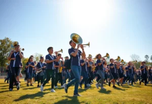 High school marching band students in practice at Rock Hill camp.