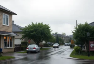 A rainy suburban scene in Rock Hill, South Carolina, depicting gray skies and light rain.