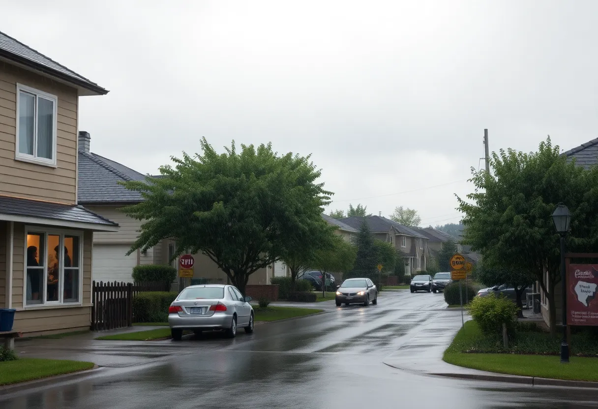 A rainy suburban scene in Rock Hill, South Carolina, depicting gray skies and light rain.