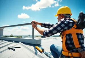 A homeowner working on roof safety rail installation with tools.