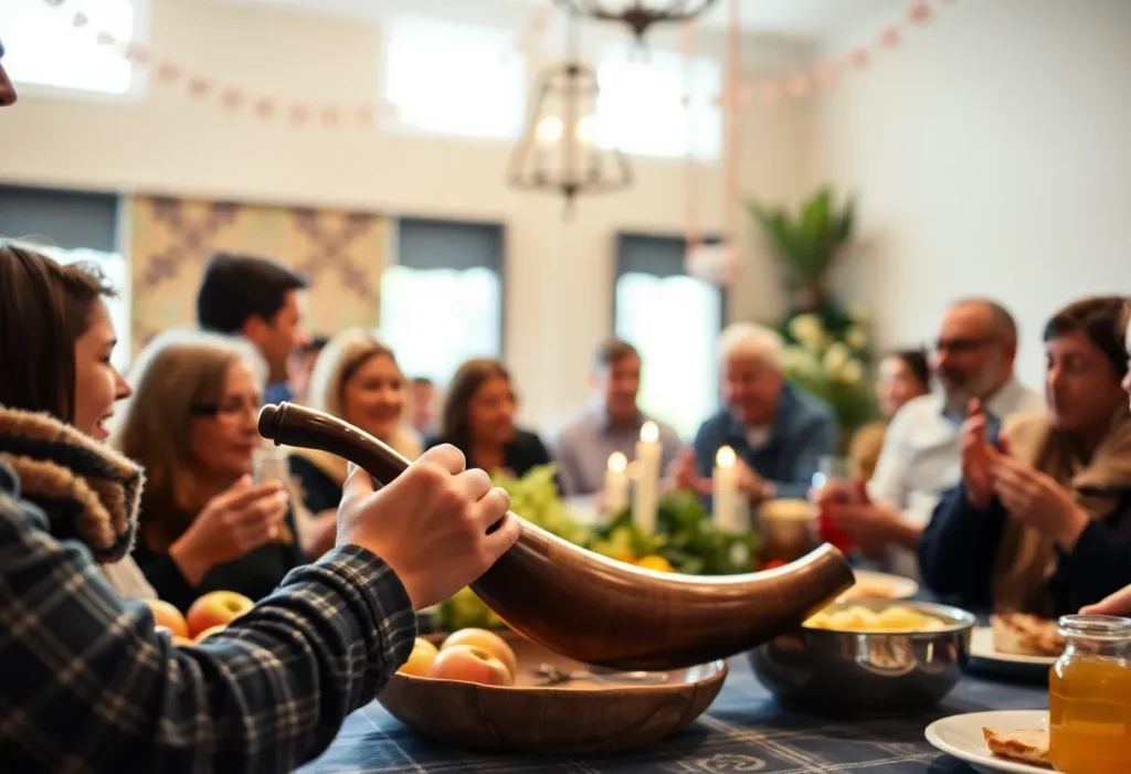 Community members celebrating Rosh Hashanah with traditional foods and rituals.