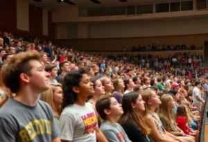 Rudy Currence performing at Northwestern High School with students in attendance.