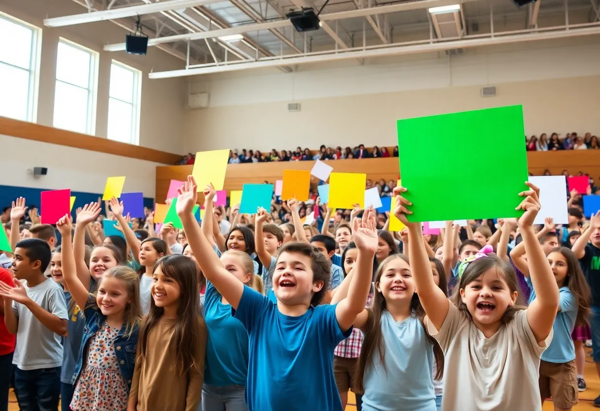 Students cheering during Rudy Currence's performance at Northwestern High School