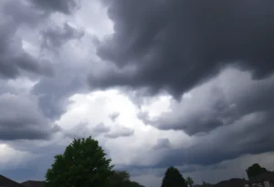 Dramatic storm clouds over suburban area indicating severe weather
