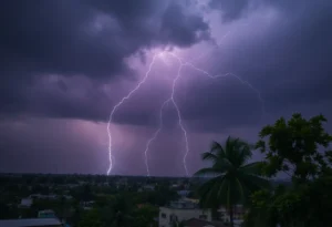 Dark storm clouds over a city during a thunderstorm