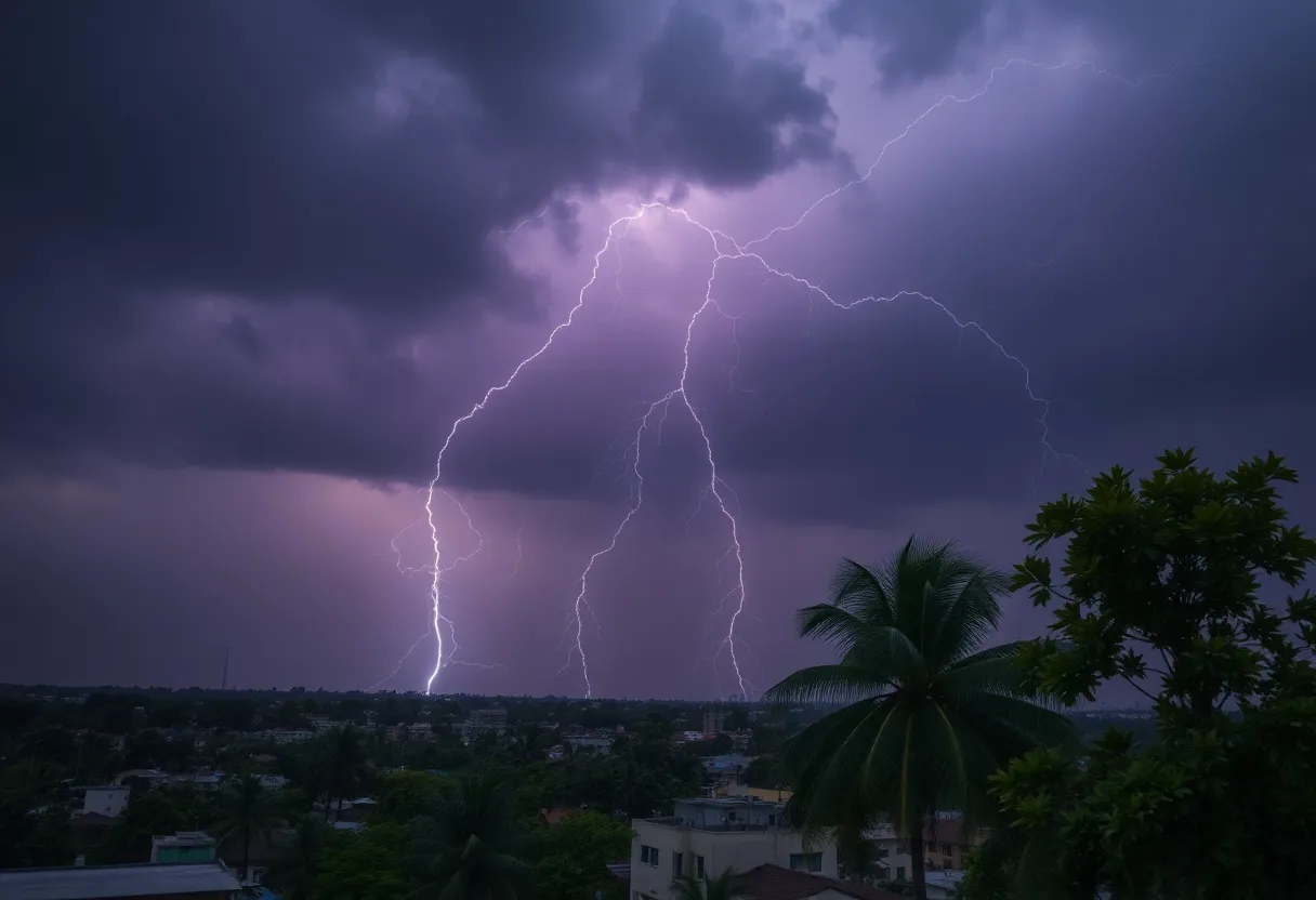 Dark storm clouds over a city during a thunderstorm