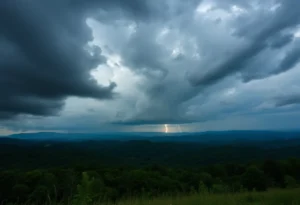 Dark storm clouds looming over the Oconee Mountains
