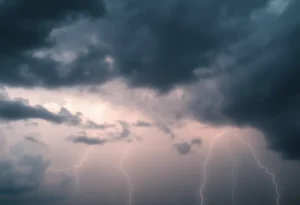 Dramatic thunderstorm clouds with lightning strikes