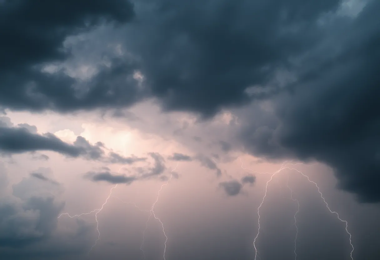 Dramatic thunderstorm clouds with lightning strikes
