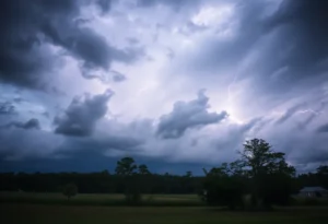 A severe thunderstorm with dark clouds and lightning over Williamsburg County's landscape