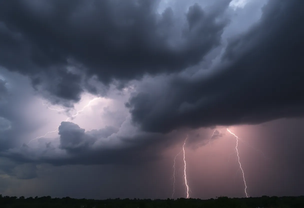 Dark storm clouds with lightning over the Carolinas