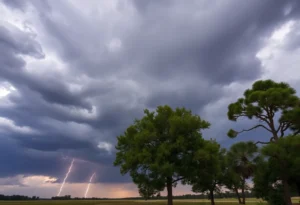 Dark storm clouds and lightning over South Carolina landscape during a thunderstorm
